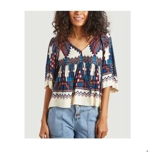 ba&sh Marry Printed Elbow Sleeve Top V-Neck Boho Aztec Printed Blouse size US 8